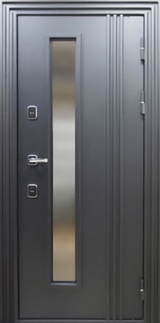 Остекленная уличная термодверь с металлическими рейками, порошковым покрасом и МДФ ПВХ Остекленная уличная термодверь с металлическими рейками, порошковым покрасом и МДФ ПВХ