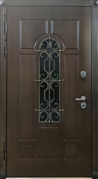Входная остекленная дверь с кованой решеткой (отделка панелями МДФ ПВХ) Входная остекленная дверь с кованой решеткой (отделка панелями МДФ ПВХ)