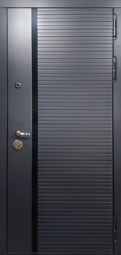 Входная дверь с черной вертикальной полосой и серыми окрашенными плитами МДФ RAL Входная дверь с черной вертикальной полосой и серыми окрашенными плитами МДФ RAL